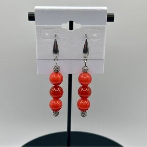 Chic Silver and Red-Orange Beaded Drop Earrings